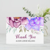 Paarse en blauwe waterverf bloemen bloemen trouwer bedankkaart (Staand voorkant)