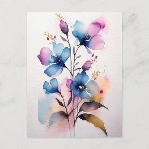Paarse en Blauwe Waterverf Bloemen Briefkaart