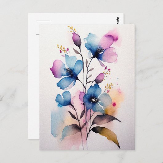 Paarse en Blauwe Waterverf Bloemen Briefkaart (Voorkant / Achterkant)