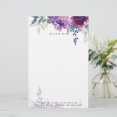 Paarse en blauwe waterverf bloemen gepersonaliseer briefpapier (Staand voorkant)