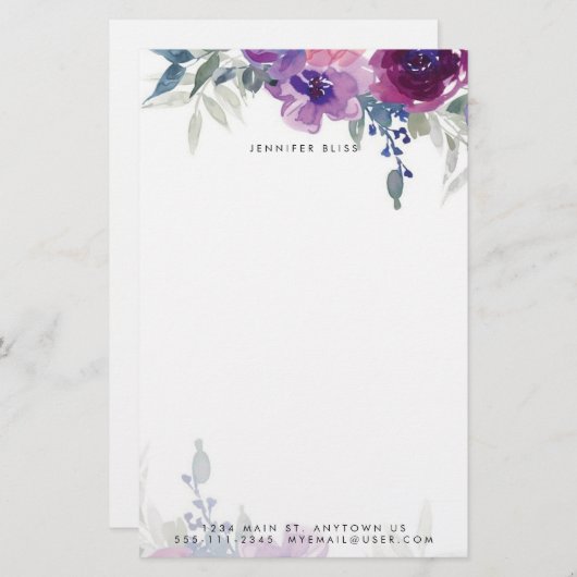 Paarse en blauwe waterverf bloemen gepersonaliseer briefpapier (Voorkant / Achterkant)