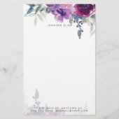 Paarse en blauwe waterverf bloemen gepersonaliseer briefpapier (Voorkant)