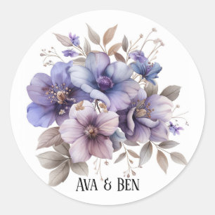 Paarse en blauwe Waterverf bloemenbruiloft Ronde Sticker