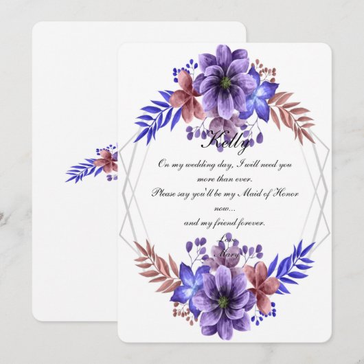 Paarse en Blauwe Waterverf Bloemendame Van Eer Kaart (Voorkant / Achterkant)