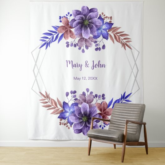 Paarse en blauwe Waterverf bloemenfoto achtergrond Wandkleed (In situ)