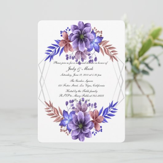 Paarse en blauwe Waterverf bloemenrepetitie diner Kaart (Staand voorkant)