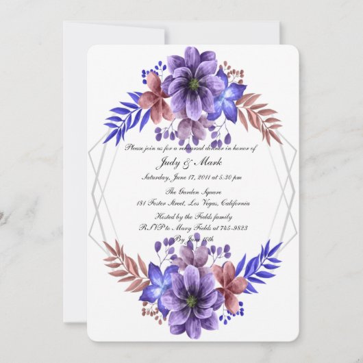 Paarse en blauwe Waterverf bloemenrepetitie diner Kaart (Voorkant)