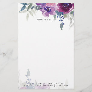 Paarse en blauwe waterverf bloemstuk gepersonalise briefpapier