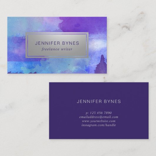 Paarse en blauwe Waterverf - Faux Silver Visitekaartje (Voorkant / Achterkant)