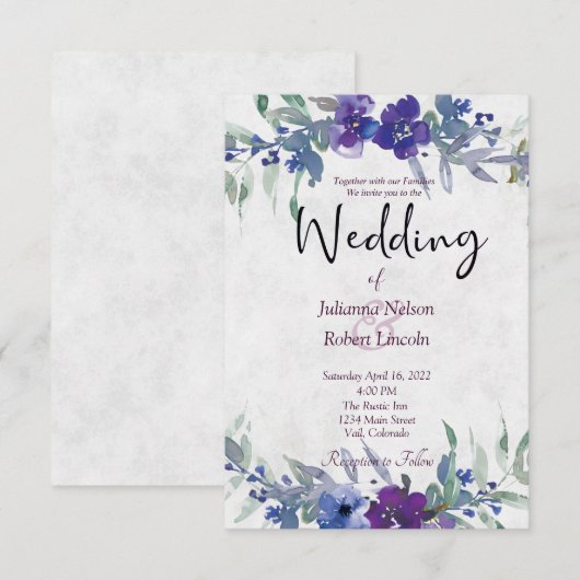 Paarse en blauwe waterverf florale bruiloft invita kaart (Voorkant / Achterkant)