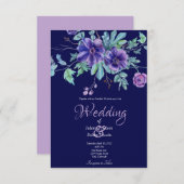 Paarse en blauwe waterverf florale bruiloft invita kaart (Voorkant / Achterkant)
