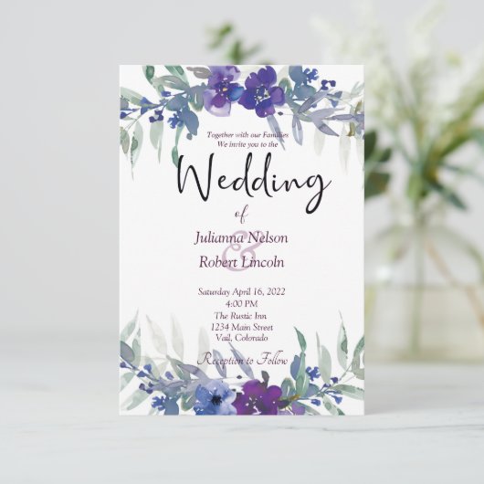 Paarse en blauwe waterverf florale bruiloft invita kaart (Staand voorkant)