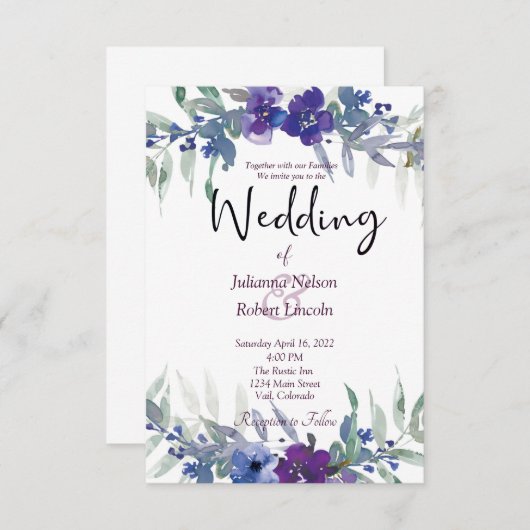 Paarse en blauwe waterverf florale bruiloft invita kaart (Voorkant / Achterkant)