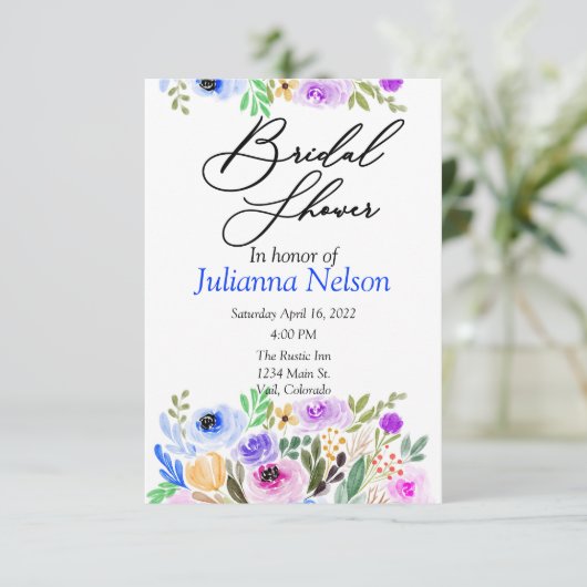 Paarse en blauwe waterverf florale uitnodiging (Staand voorkant)