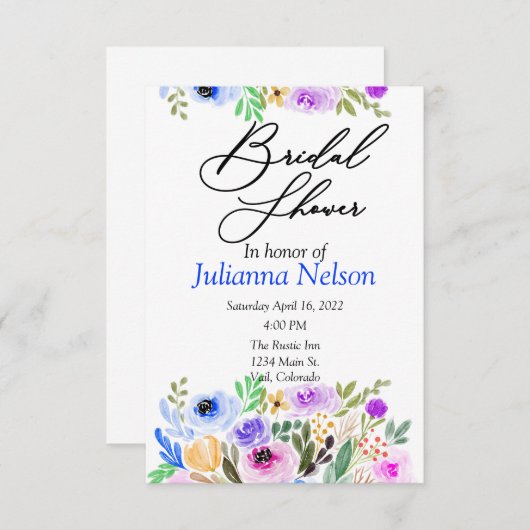 Paarse en blauwe waterverf florale uitnodiging (Voorkant / Achterkant)