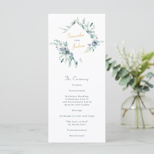 Paarse en blauwe Waterverf Flowers Wedding Program (Staand voorkant)