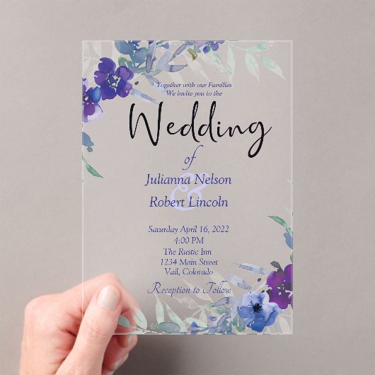 Paarse en blauwe waterverf huwelijksuitnodiging acryl uitnodigingen (Insitu (Draagbaar))