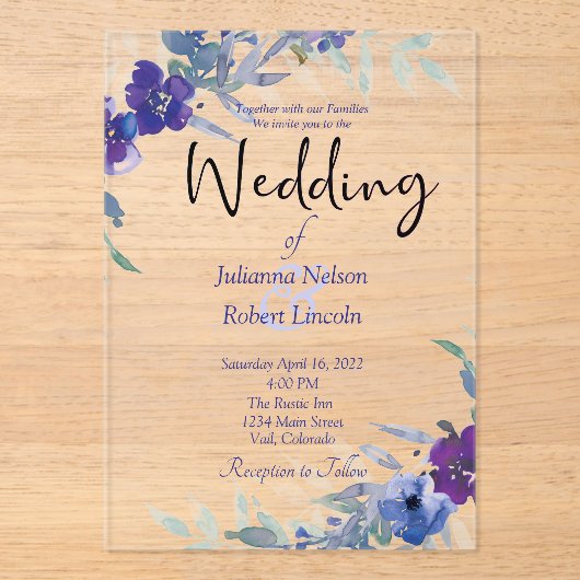 Paarse en blauwe waterverf huwelijksuitnodiging acryl uitnodigingen (Voorkant)