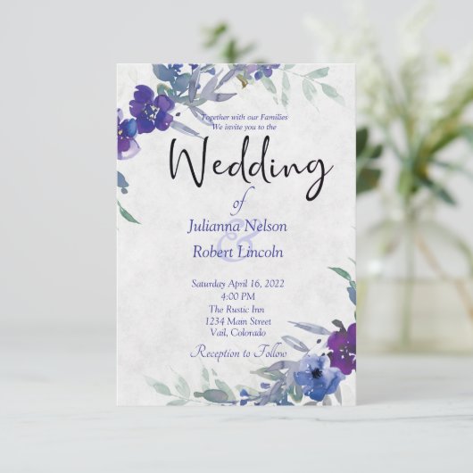 Paarse en blauwe waterverf huwelijksuitnodiging kaart (Staand voorkant)
