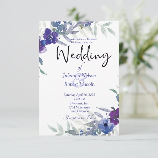 Paarse en blauwe waterverf huwelijksuitnodiging kaart (Staand voorkant)