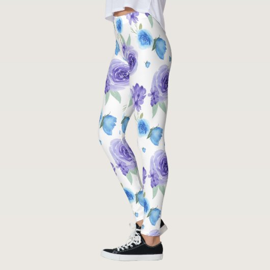 Paarse en blauwe waterverven bloemen patroon leggings (Links)