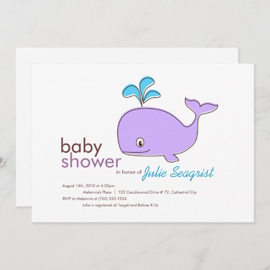 Paarse en Blauwe Whale Baby Shower Invitaties Kaart (Voorkant / Achterkant)