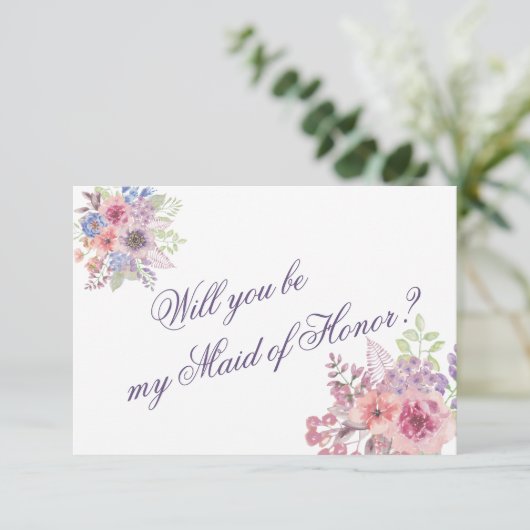 Paarse en blauwe Wildbloem "Maid of Honor"-kaart Kaart (Staand voorkant)