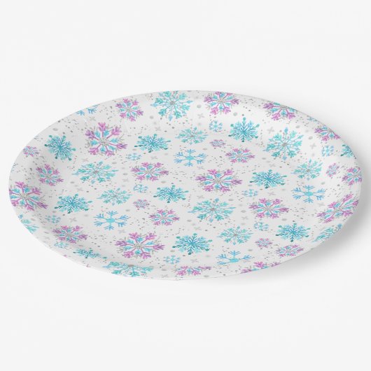 Paarse en blauwe wintersneeuwvlokken papieren bordje (Gekanteld)