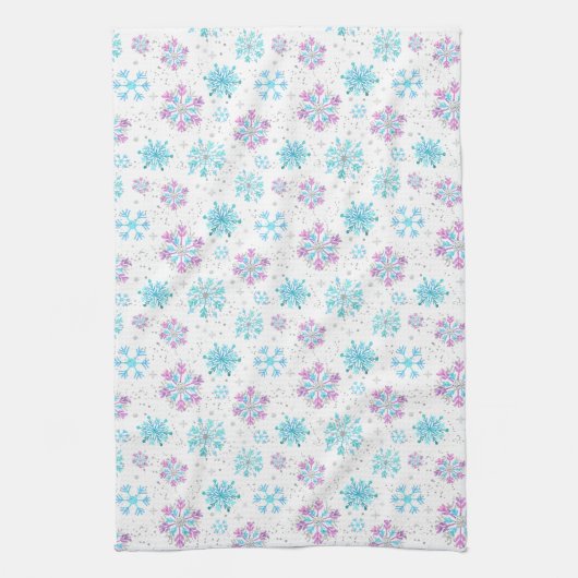 Paarse en blauwe wintersneeuwvlokken theedoek (Verticaal)
