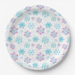 Paarse en Blauwe Wintervlokken Papieren Bordje
