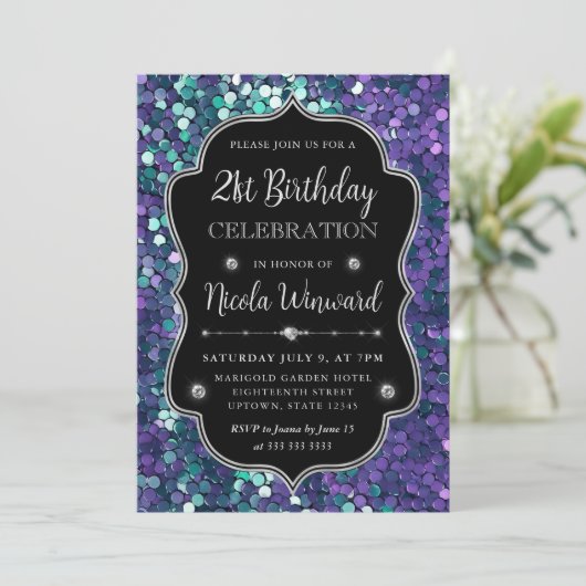 Paarse en Blauwe Zeemeermin Sequins Lijst Verjaard Kaart (Staand voorkant)