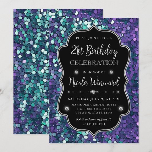 Paarse en Blauwe Zeemeermin Sequins Lijst Verjaard Kaart (Voorkant / Achterkant)