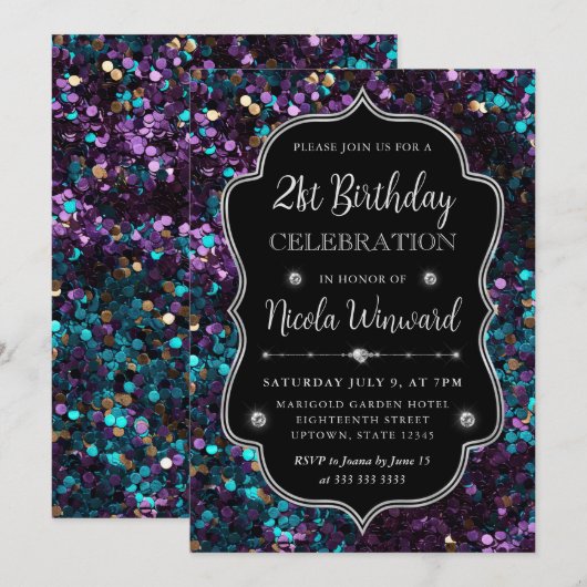 Paarse en Blauwe Zeemeermin Sequins Lijst Verjaard Kaart (Voorkant / Achterkant)