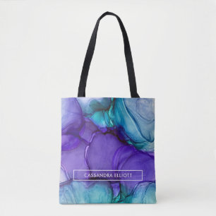 Paarse en Blauwgroen alcoholinkt Vloeibare Abstrac Tote Bag