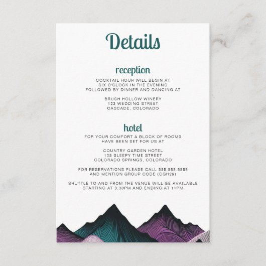 Paarse en Blauwgroen bergen bruiloft Informatiekaartje (Voorkant)