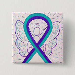 Paarse en Blauwgroen bewustwording Ribbon Angel Bu Vierkante Button 5,1 Cm