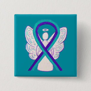 Paarse en Blauwgroen bewustwording Ribbon Angel Bu Vierkante Button 5,1 Cm