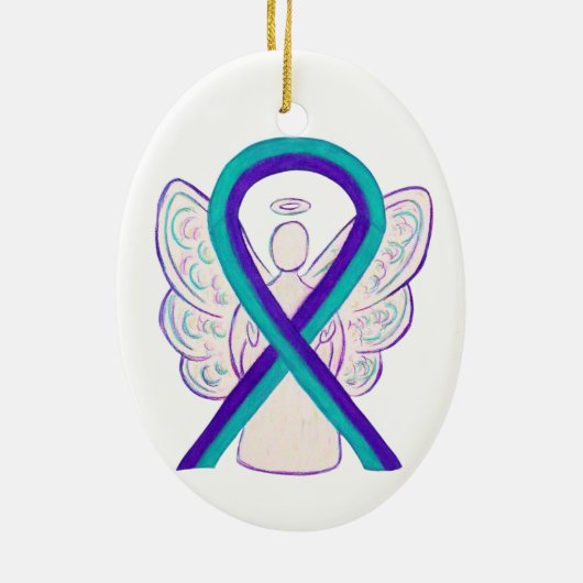 Paarse en Blauwgroen bewustwording Ribbon Angel Or Keramisch Ornament (Achterkant)