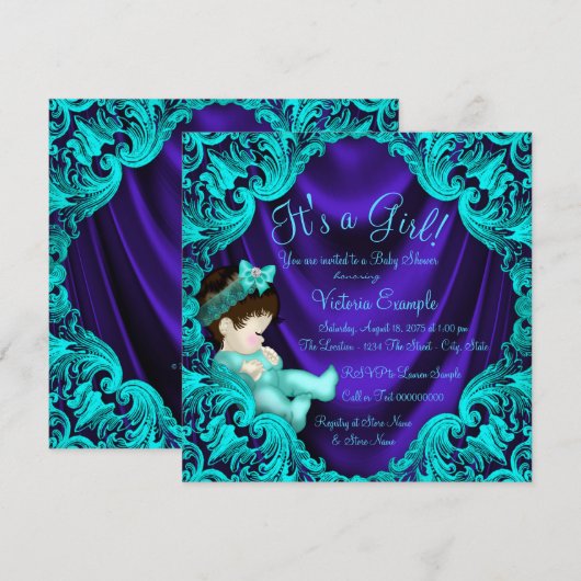 Paarse en Blauwgroen blauwe Baby shower Kaart (Voorkant / Achterkant)