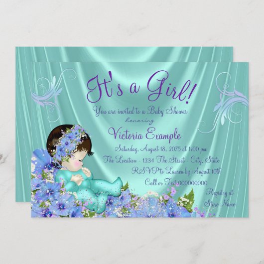 Paarse en Blauwgroen blauwe Baby shower Kaart (Voorkant / Achterkant)