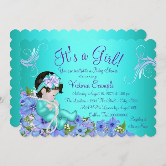 Paarse en Blauwgroen Blauwe Bloemen Baby shower Kaart (Voorkant / Achterkant)