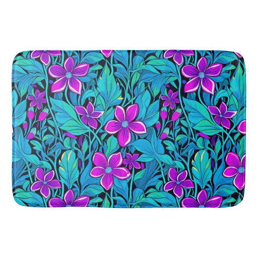  Paarse en Blauwgroen Blauwe Bloemen Badmat (Voorkant)