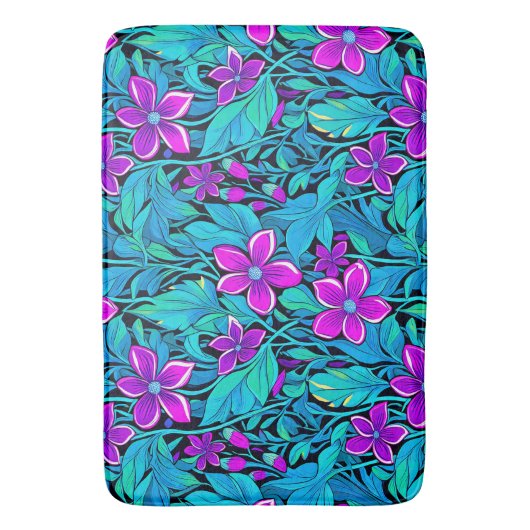  Paarse en Blauwgroen Blauwe Bloemen Badmat (Voorkant Verticaal)