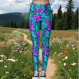  Paarse en Blauwgroen Blauwe Bloemen Leggings