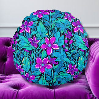 Paarse en Blauwgroen Blauwe Bloemen Rond Kussen