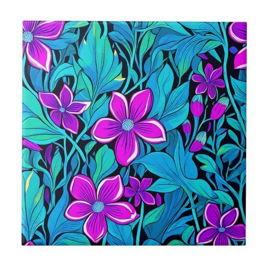  Paarse en Blauwgroen Blauwe Bloemen Tegeltje (Voorkant)