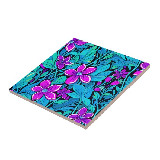  Paarse en Blauwgroen Blauwe Bloemen Tegeltje (Zijkant)