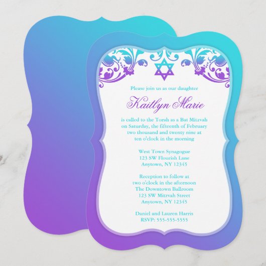 Paarse en Blauwgroen blauwe zwepen in Mitzvah Kaart (Voorkant / Achterkant)