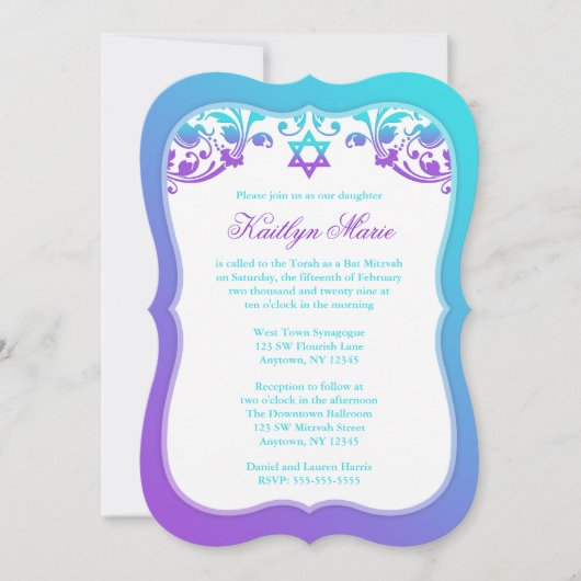 Paarse en Blauwgroen blauwe zwepen in Mitzvah Kaart (Voorkant)