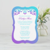 Paarse en Blauwgroen blauwe zwepen in Mitzvah Kaart (Staand voorkant)